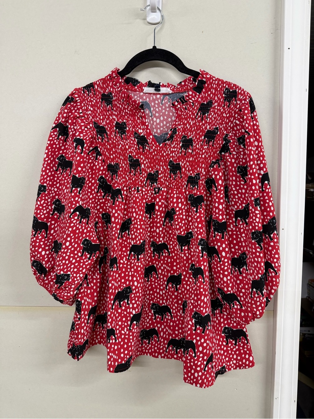 Red Printed Peasant Blouse with Black Dog print